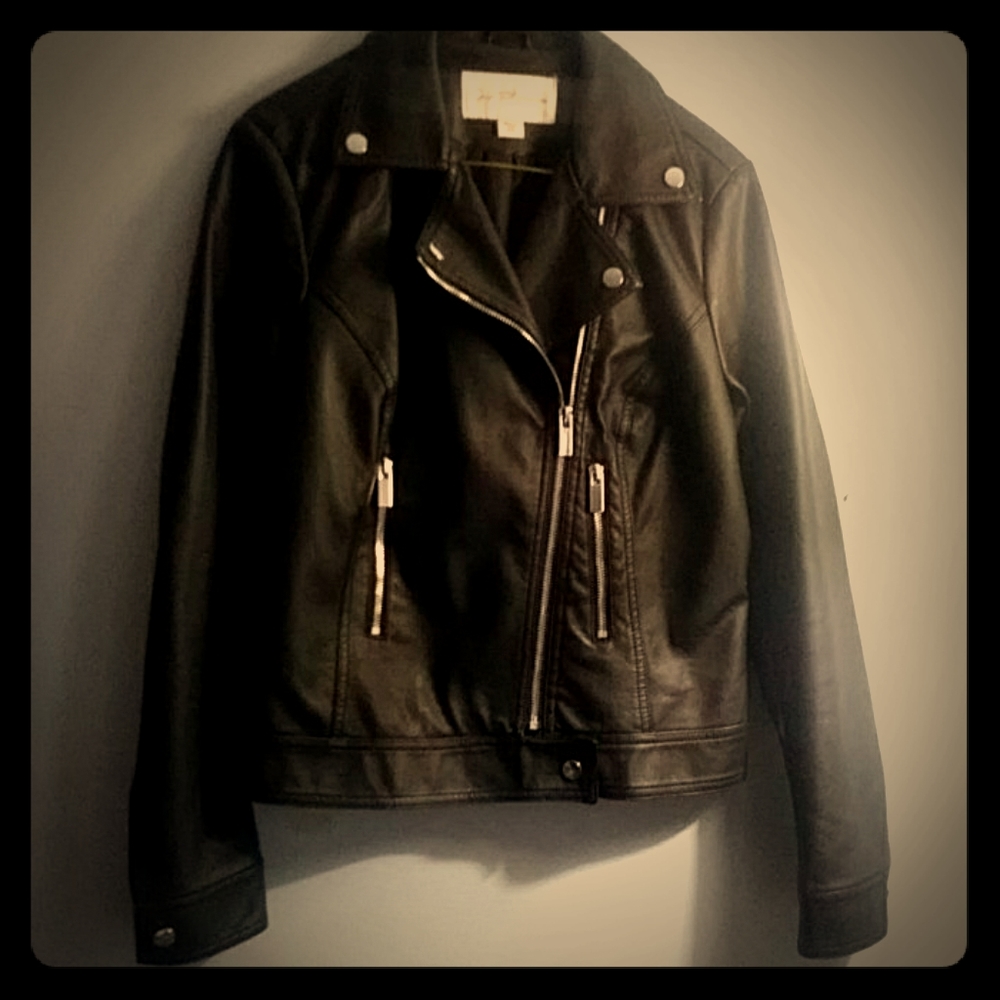 Faux Black Leather Asymmetric Zipper Jacket Small
